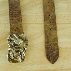 Womens M Belt Antoniazzi Gold Tone Statement Buckle Brown Leather Italy Embossed